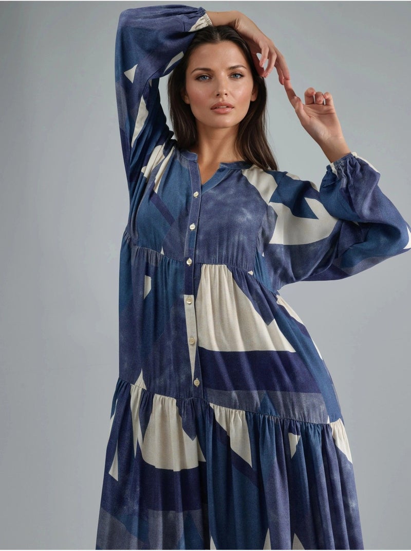 Abito lungo maxi in viscosa stampata a maniche lunghe hiccup Blu marino - Kiabi