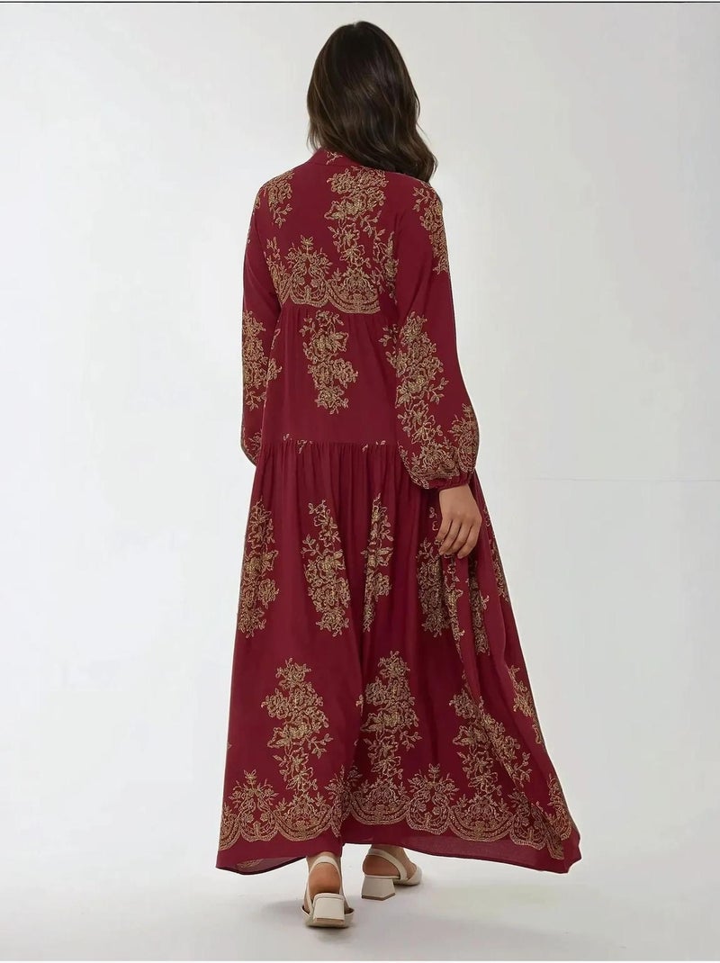 Abito lungo maxi in viscosa stampata a maniche lunghe hiccup Rosso - Kiabi