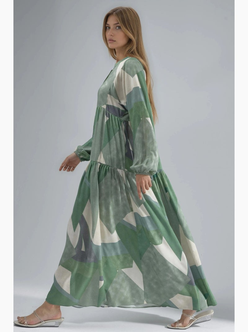 Abito lungo maxi in viscosa stampata a maniche lunghe hiccup Verde pastello - Kiabi