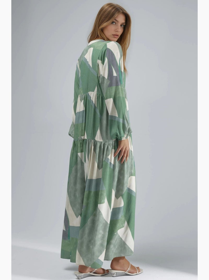 Abito lungo maxi in viscosa stampata a maniche lunghe hiccup Verde pastello - Kiabi