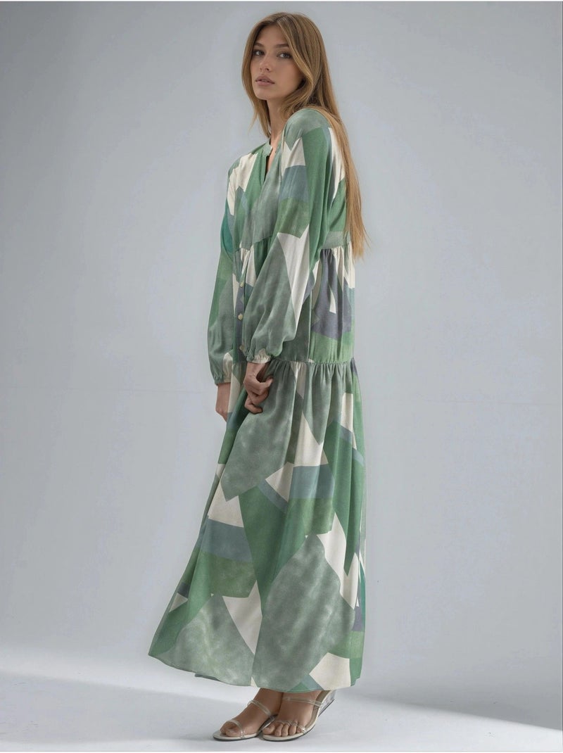 Abito lungo maxi in viscosa stampata a maniche lunghe hiccup Verde pastello - Kiabi