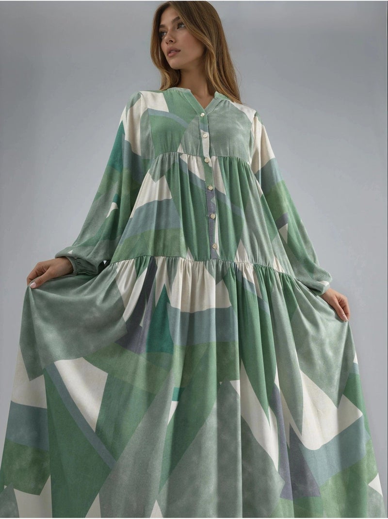 Abito lungo maxi in viscosa stampata a maniche lunghe hiccup Verde pastello - Kiabi