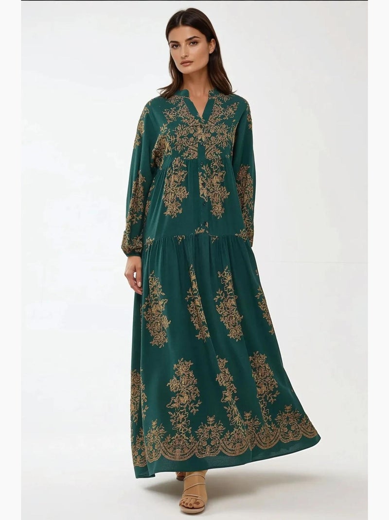 Abito lungo maxi in viscosa stampata a maniche lunghe hiccup Verde scuro - Kiabi