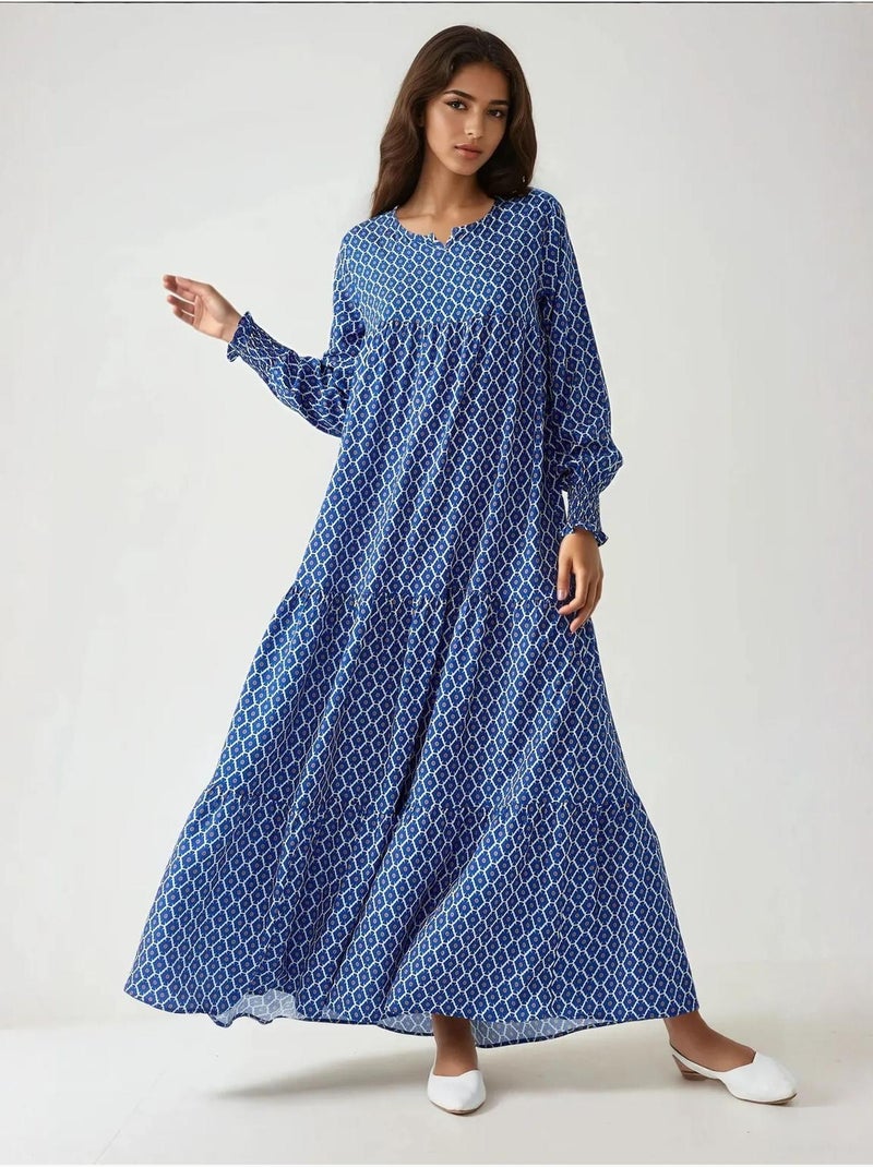 Abito lungo maxi in viscosa stampata con scollo rotondo hiccup Blu marino - Kiabi