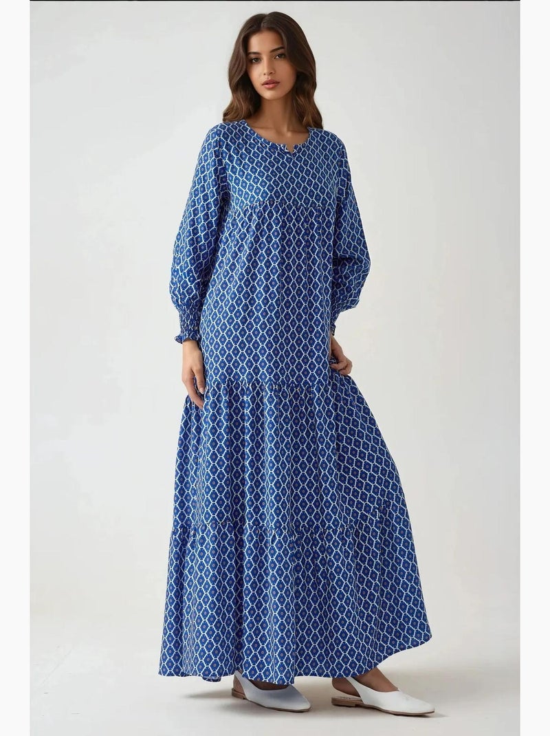 Abito lungo maxi in viscosa stampata con scollo rotondo hiccup Blu marino - Kiabi