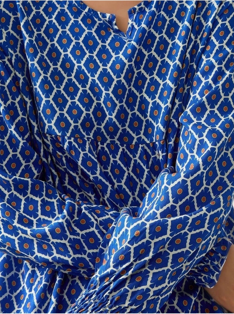 Abito lungo maxi in viscosa stampata con scollo rotondo hiccup Blu marino - Kiabi