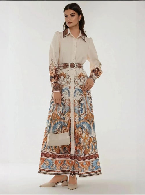Abito lungo maxi stampato a maniche lunghe con cintura - Kiabi Abito lungo maxi stampato a maniche lunghe con cintura - Kiabi