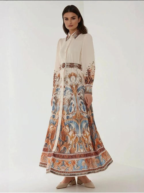 Abito lungo maxi stampato a maniche lunghe con cintura - Kiabi Abito lungo maxi stampato a maniche lunghe con cintura - Kiabi