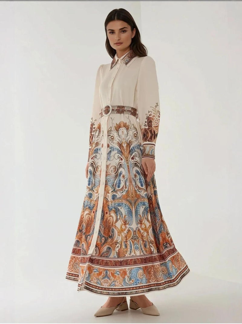 Abito lungo maxi stampato a maniche lunghe con cintura Bianco - Kiabi