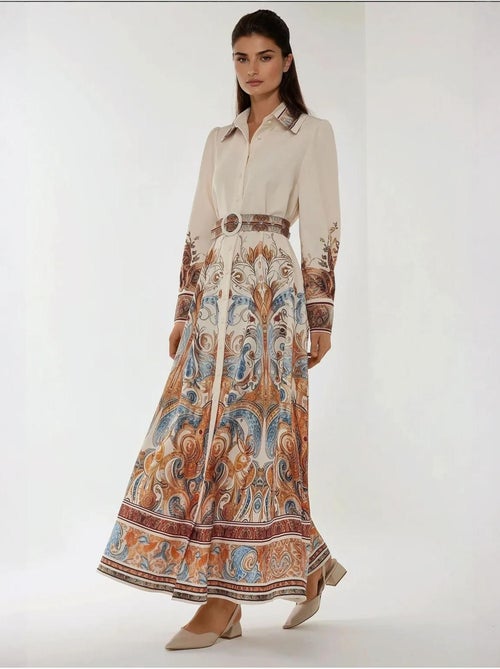 Abito lungo maxi stampato a maniche lunghe con cintura - Kiabi Abito lungo maxi stampato a maniche lunghe con cintura - Kiabi
