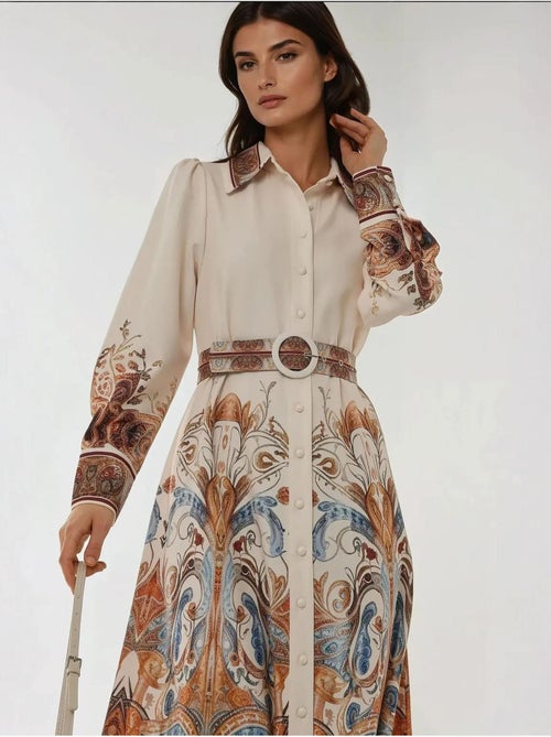 Abito lungo maxi stampato a maniche lunghe con cintura - Kiabi Abito lungo maxi stampato a maniche lunghe con cintura - Kiabi