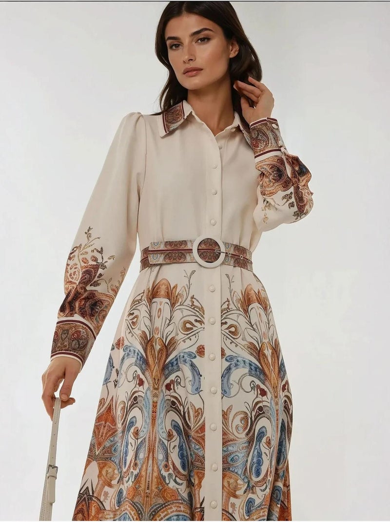 Abito lungo maxi stampato a maniche lunghe con cintura Bianco - Kiabi