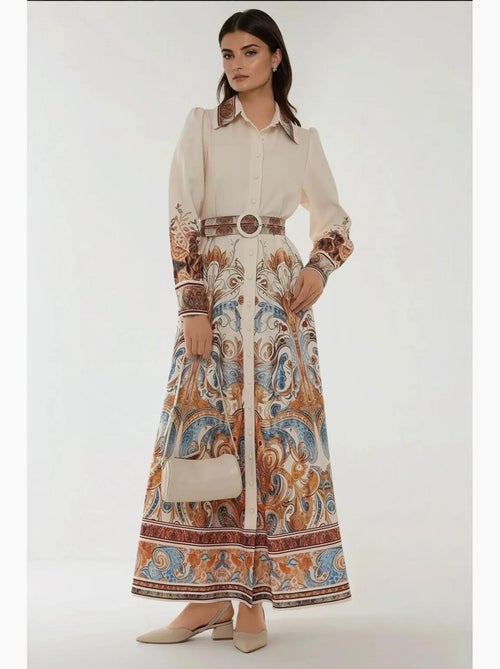 Abito lungo maxi stampato a maniche lunghe con cintura hiccup - Kiabi Abito lungo maxi stampato a maniche lunghe con cintura hiccup - Kiabi
