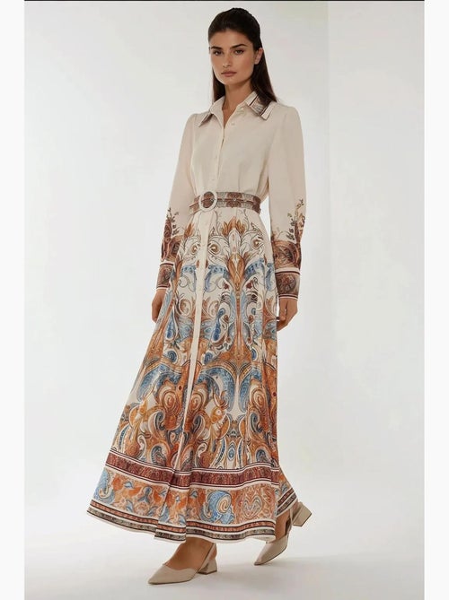 Abito lungo maxi stampato a maniche lunghe con cintura hiccup - Kiabi Abito lungo maxi stampato a maniche lunghe con cintura hiccup - Kiabi