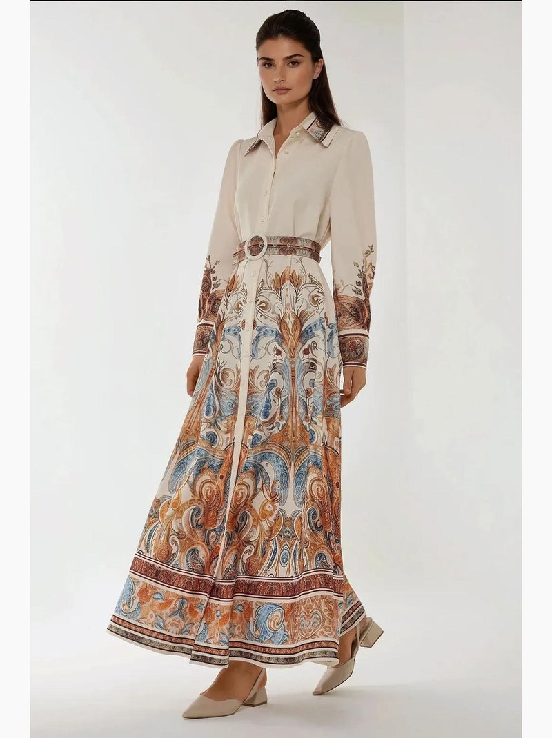 Abito lungo maxi stampato a maniche lunghe con cintura hiccup Bianco - Kiabi