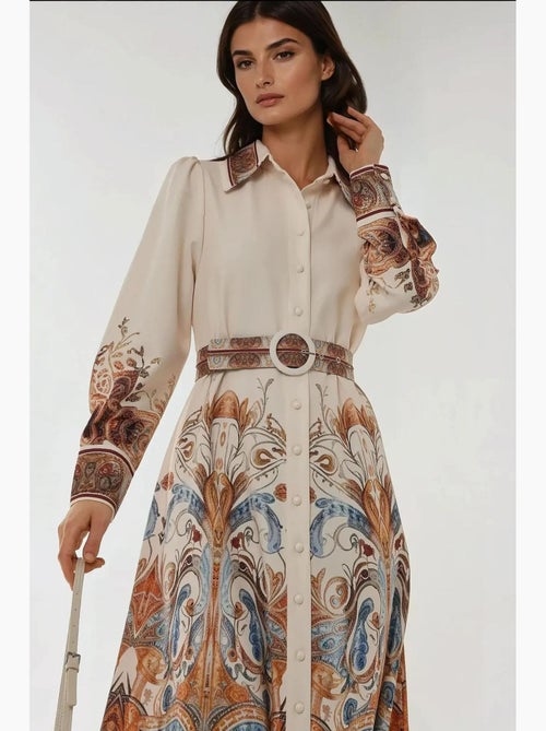 Abito lungo maxi stampato a maniche lunghe con cintura hiccup - Kiabi Abito lungo maxi stampato a maniche lunghe con cintura hiccup - Kiabi