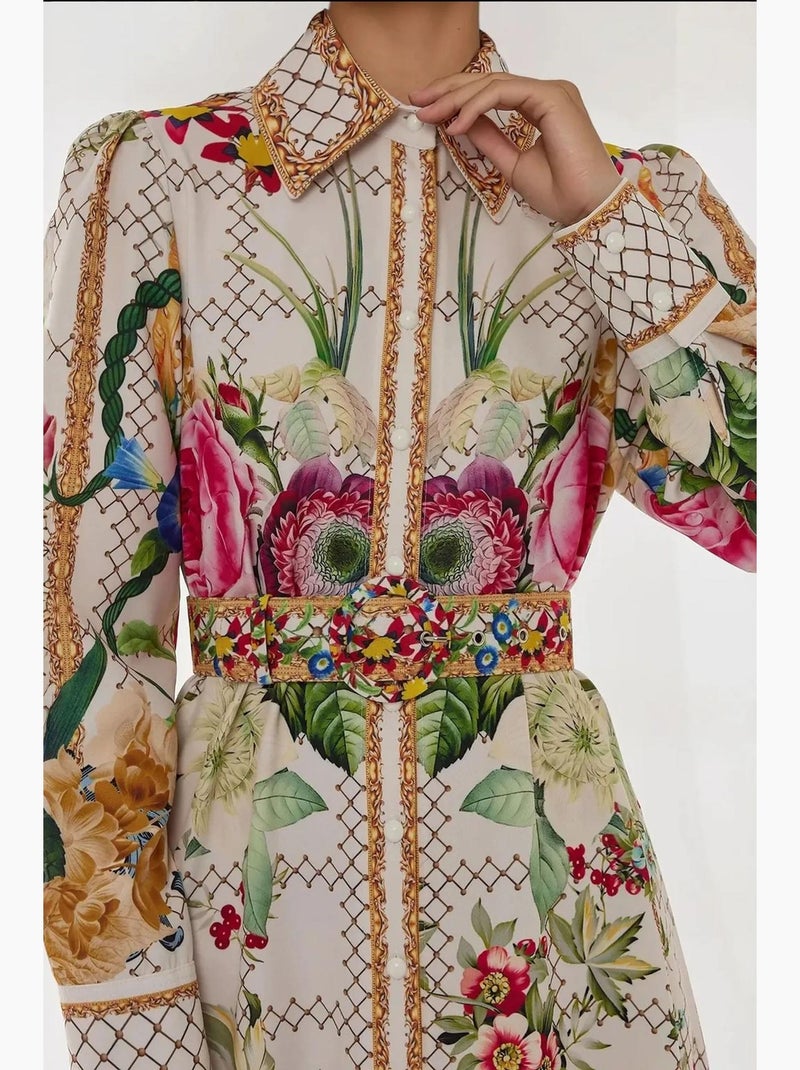 Abito lungo maxi stampato a maniche lunghe con cintura hiccup Multicolore - Kiabi