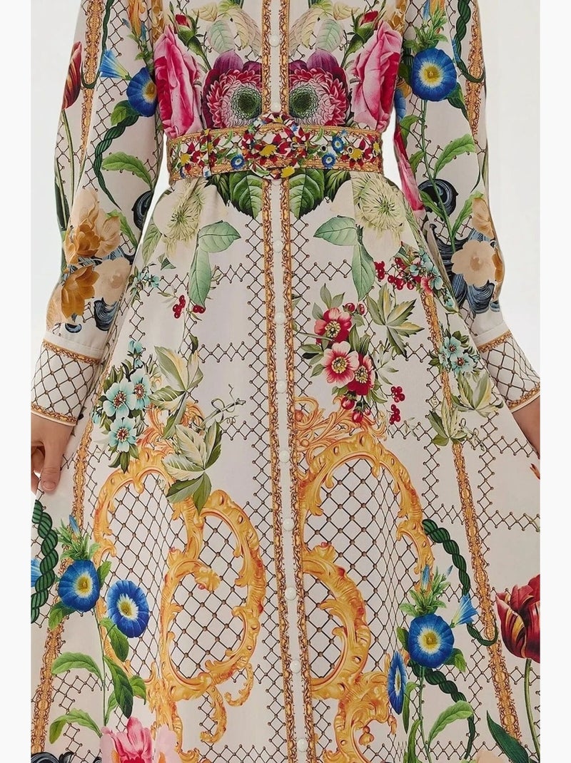 Abito lungo maxi stampato a maniche lunghe con cintura hiccup Multicolore - Kiabi