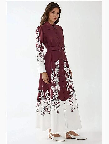 Abito lungo maxi stampato a maniche lunghe con cintura hiccup