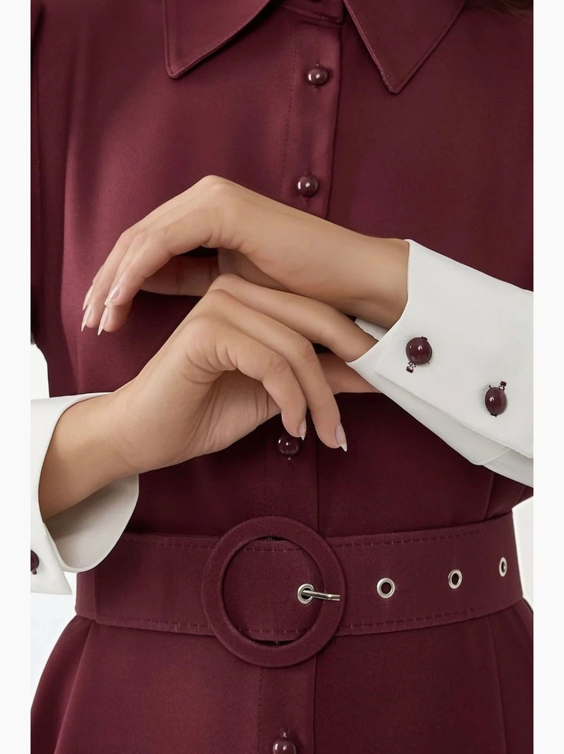 Abito lungo maxi stampato a maniche lunghe con cintura hiccup Rosso bordeaux - Kiabi