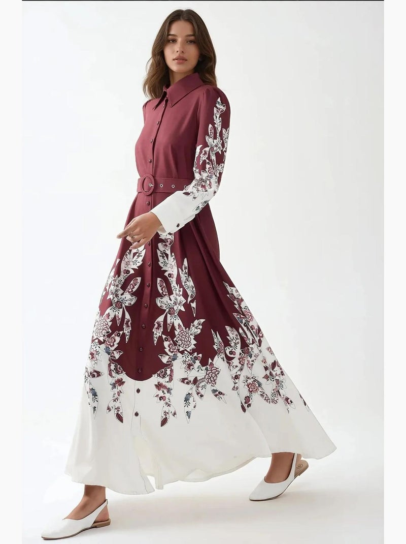 Abito lungo maxi stampato a maniche lunghe con cintura hiccup Rosso bordeaux - Kiabi