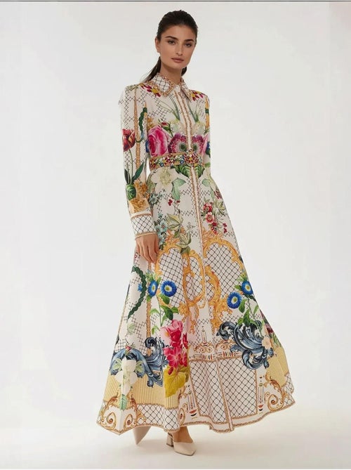 Abito lungo maxi stampato a maniche lunghe con cintura - Kiabi Abito lungo maxi stampato a maniche lunghe con cintura - Kiabi