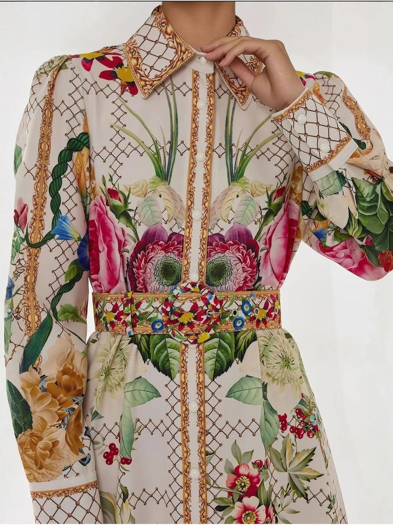Abito lungo maxi stampato a maniche lunghe con cintura Multicolore - Kiabi