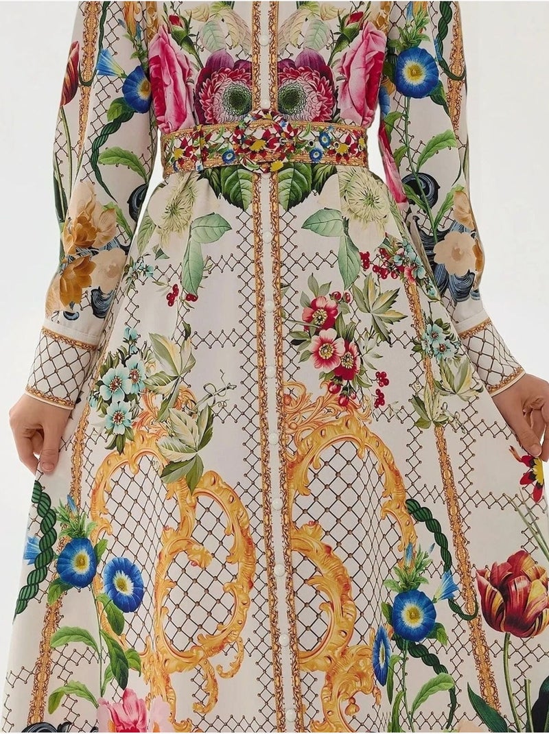 Abito lungo maxi stampato a maniche lunghe con cintura Multicolore - Kiabi