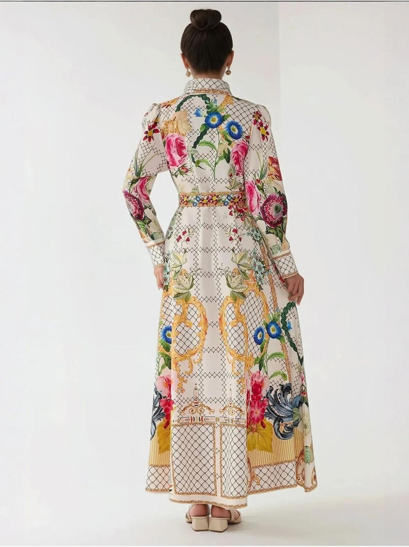 Abito lungo maxi stampato a maniche lunghe con cintura Multicolore - Kiabi