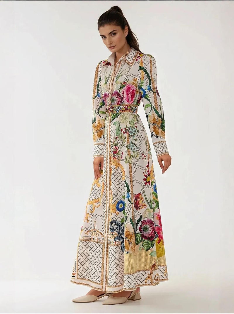 Abito lungo maxi stampato a maniche lunghe con cintura Multicolore - Kiabi