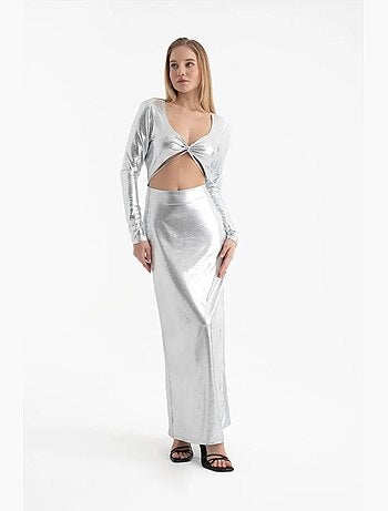Abito lungo metallizzato con scollo a v e maniche lunghe hiccup