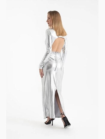 Abito lungo metallizzato con scollo a v e maniche lunghe hiccup