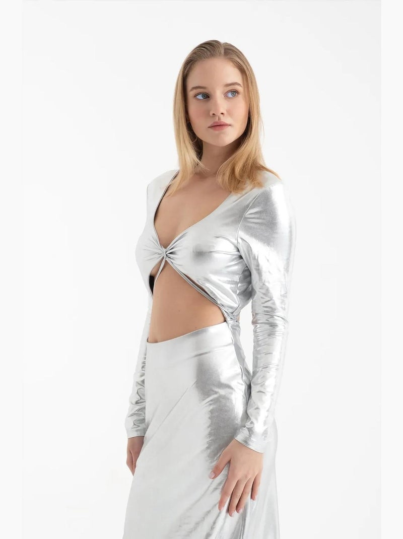 Abito lungo metallizzato con scollo a v e maniche lunghe hiccup Argento - Kiabi