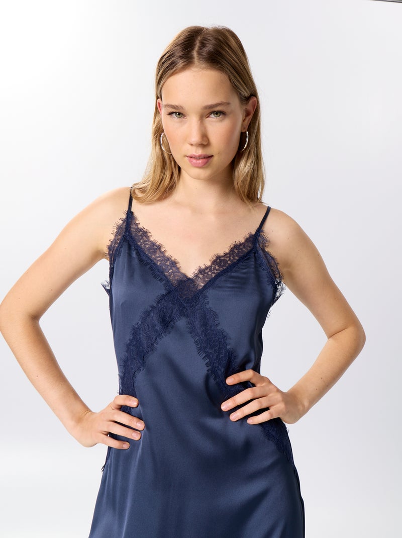Abito lungo satinato + pizzo Blu - Kiabi