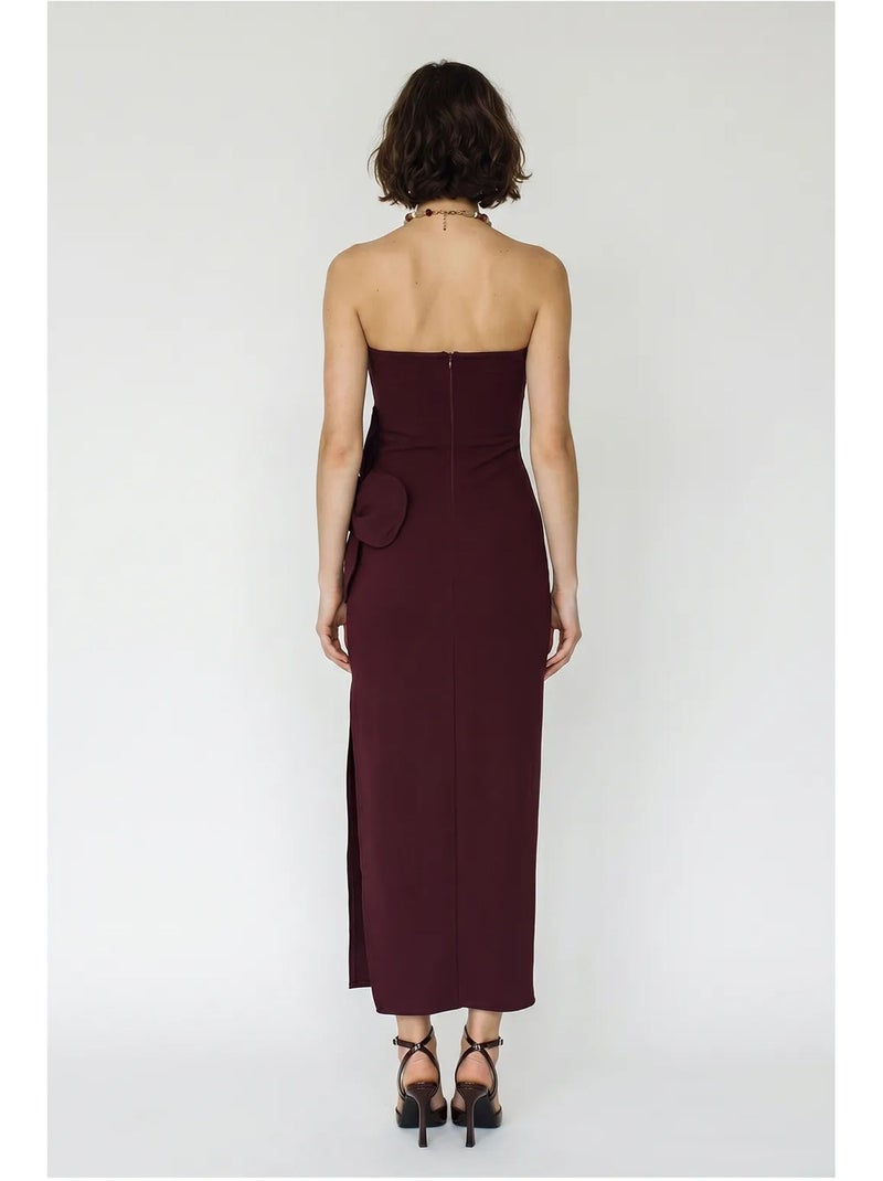Abito lungo senza spalline con spacchi e accessori floreali lucci Rosso bordeaux - Kiabi