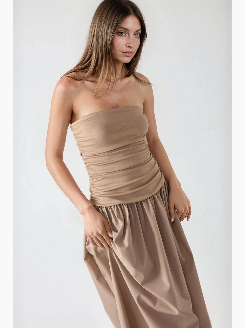 Abito lungo senza spalline con vestibilità a linea a hiccup Beige argilla - Kiabi