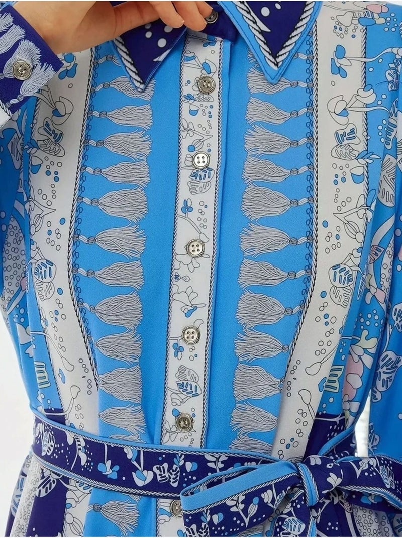 Abito lungo stampato a maniche lunghe con cintura Blu - Kiabi