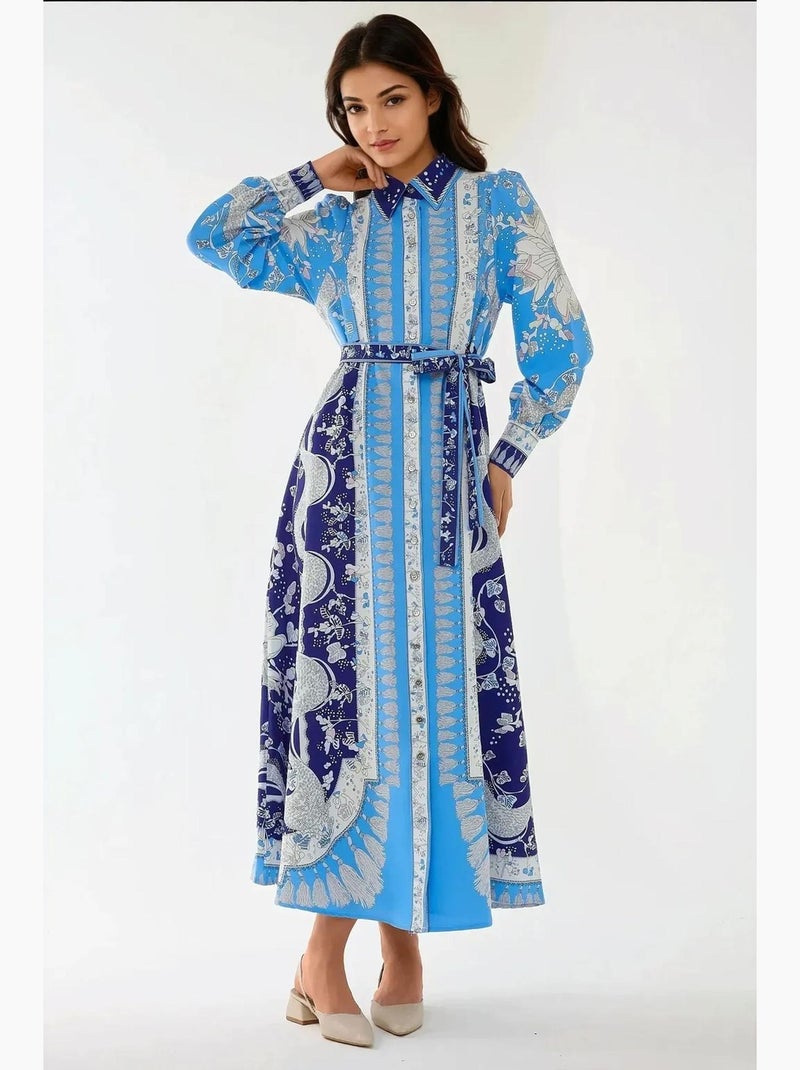 Abito lungo stampato a maniche lunghe con cintura hiccup Blu - Kiabi