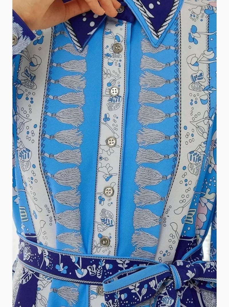 Abito lungo stampato a maniche lunghe con cintura hiccup Blu - Kiabi