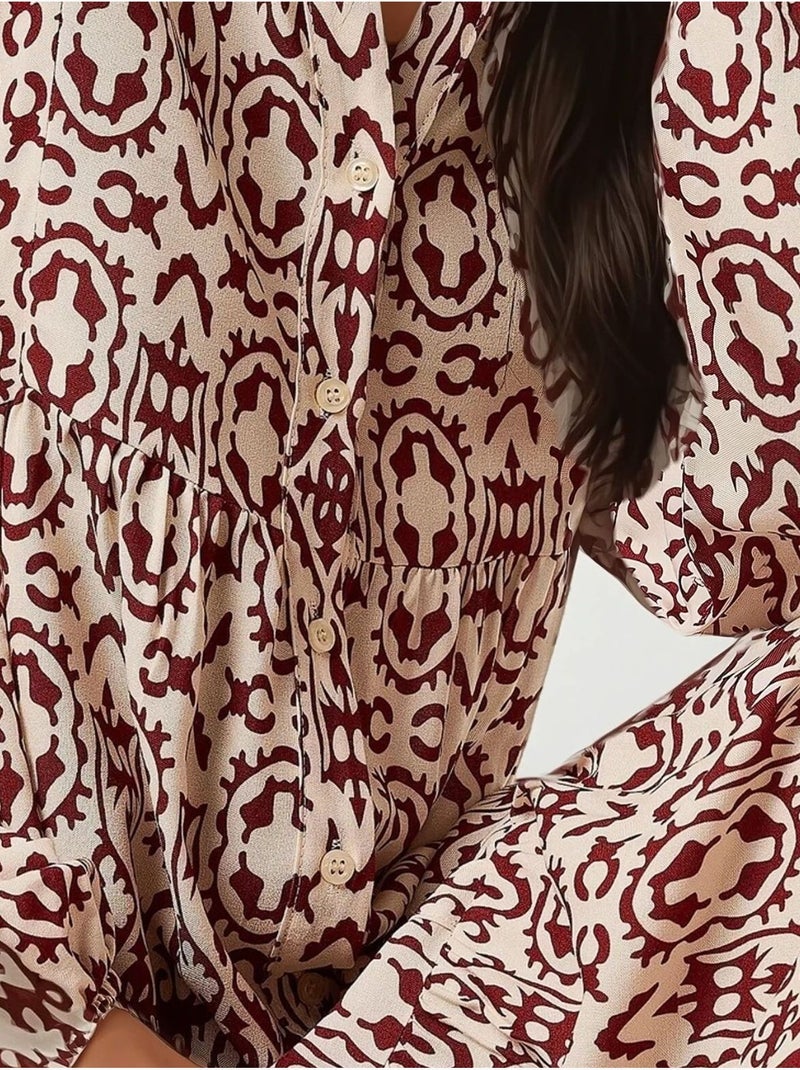 Abito lungo stampato con colletto a camicia hiccup Rosso scuro - Kiabi