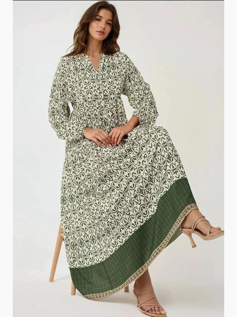 Abito lungo stampato con colletto a camicia hiccup Verde - Kiabi
