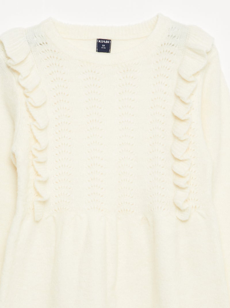 Abito maglia con lavorazione traforata e volant Bianco - Kiabi