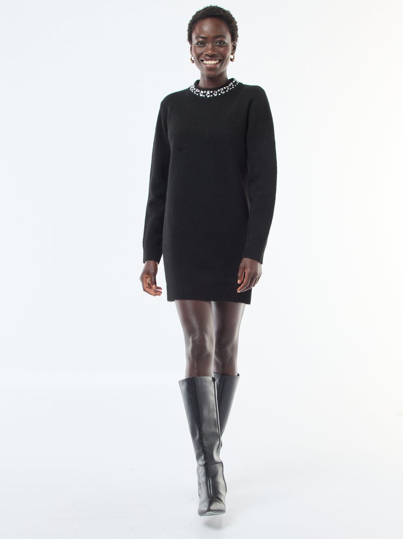 Abito maglia corto con collo con strass Nero - Kiabi