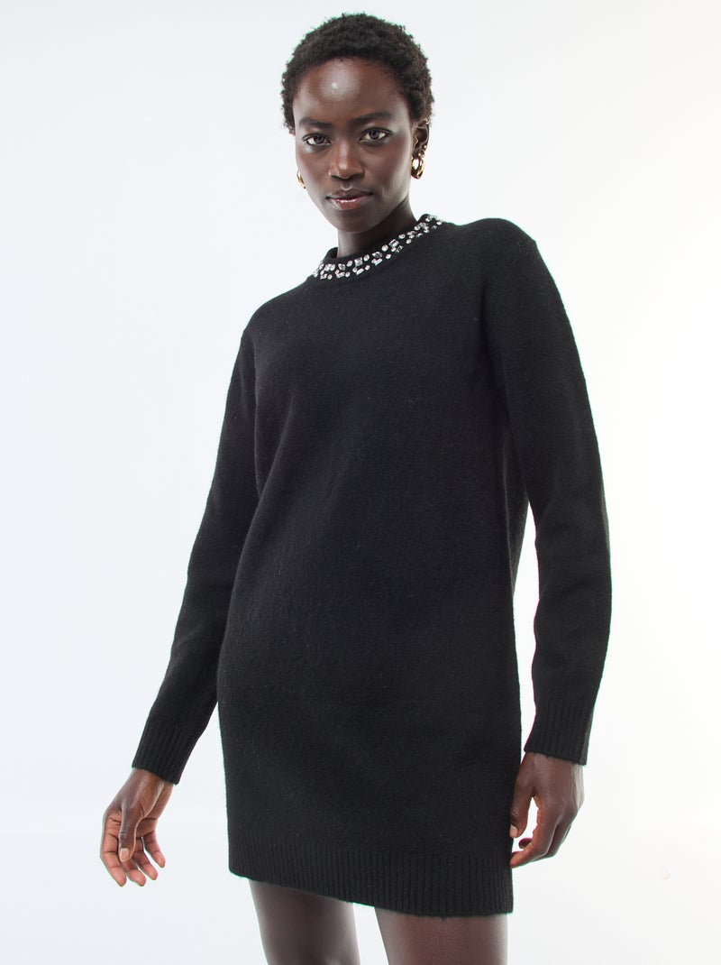 Abito maglia corto con collo con strass Nero - Kiabi