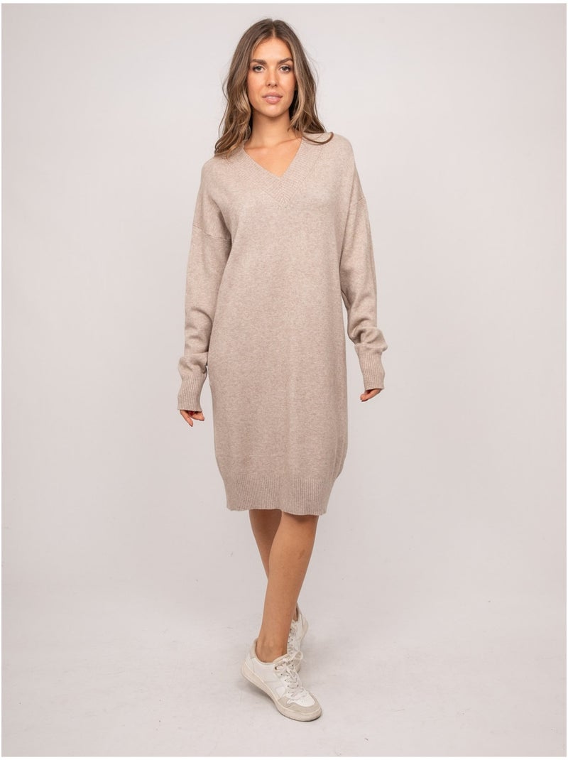 Abito maglione lungo in maglia morbida con scollo a v iberna Beige - Kiabi