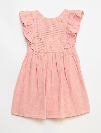 Abito maniche corte con ricami al collo in cotone