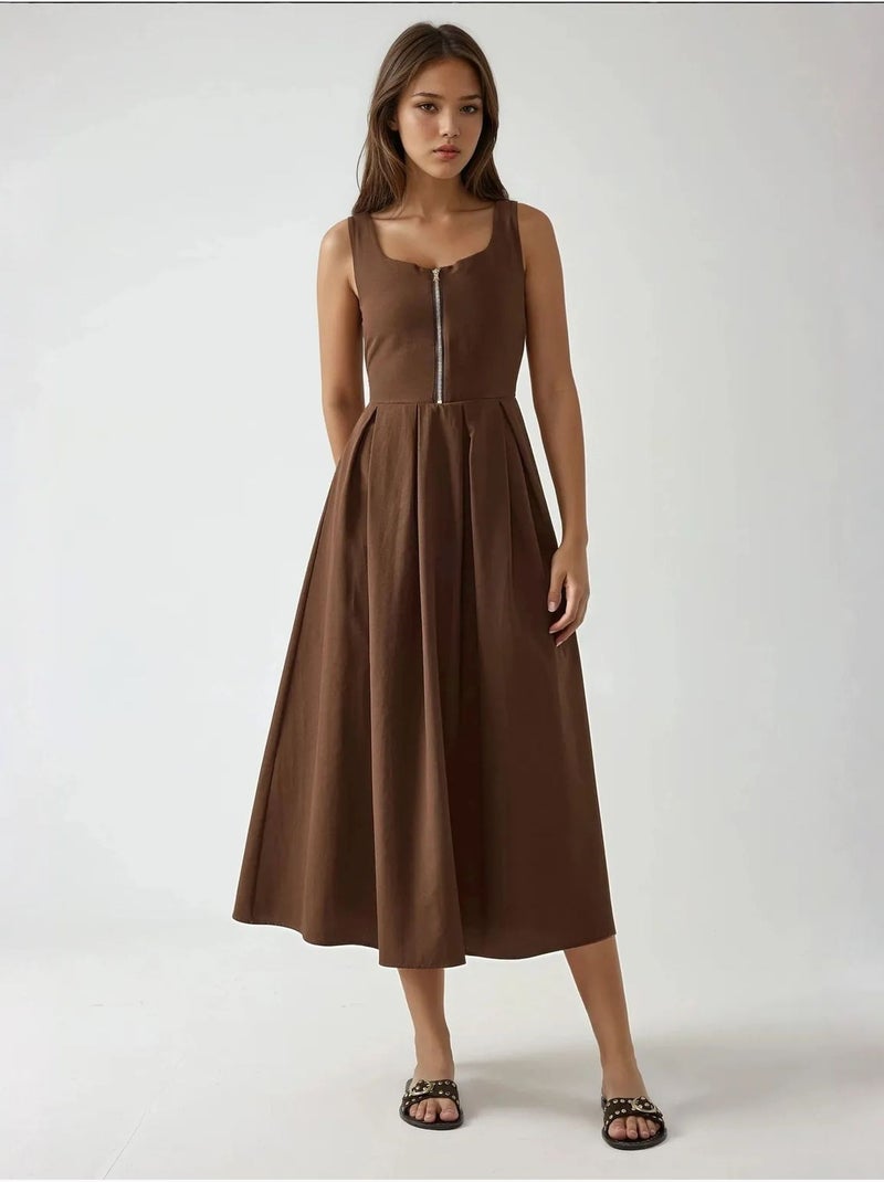 Abito maxi a linea a con girocollo e zip hiccup Marrone chiaro - Kiabi