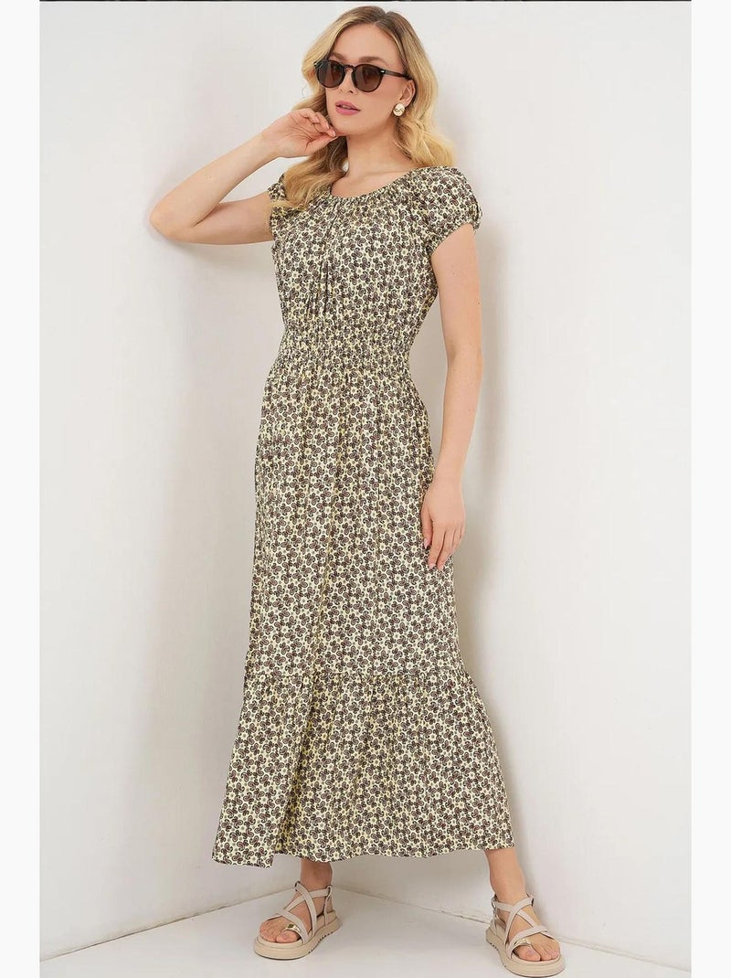Abito maxi a linea a floreale con dettagli elasticizzati bdart Verde kaki - Kiabi