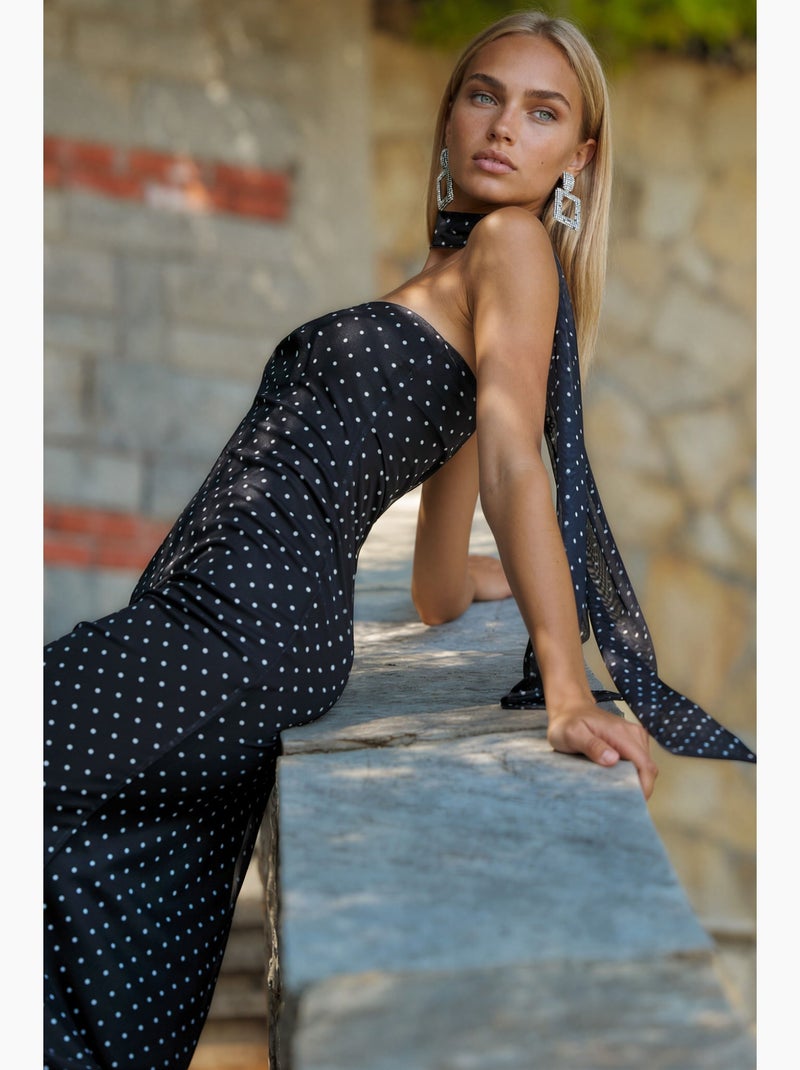 Abito maxi a pois senza spalline con dettaglio sciarpa hiccup Nero Bianco - Kiabi
