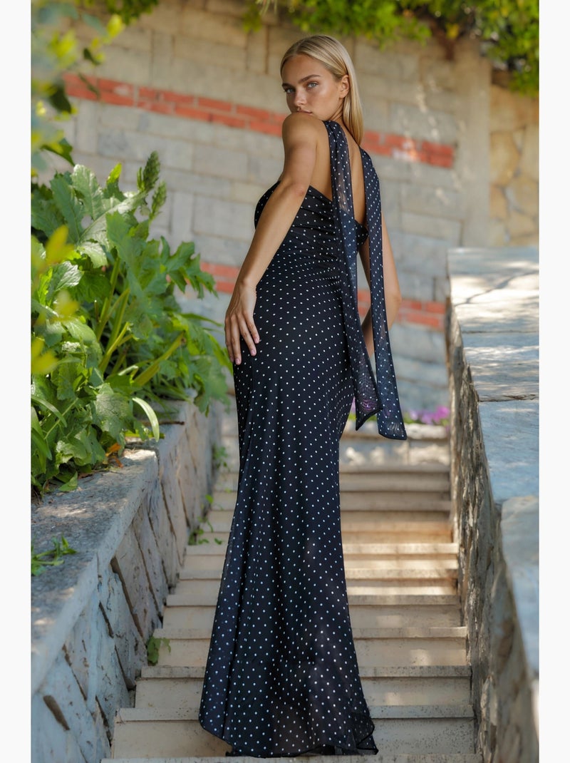 Abito maxi a pois senza spalline con dettaglio sciarpa hiccup Nero Bianco - Kiabi